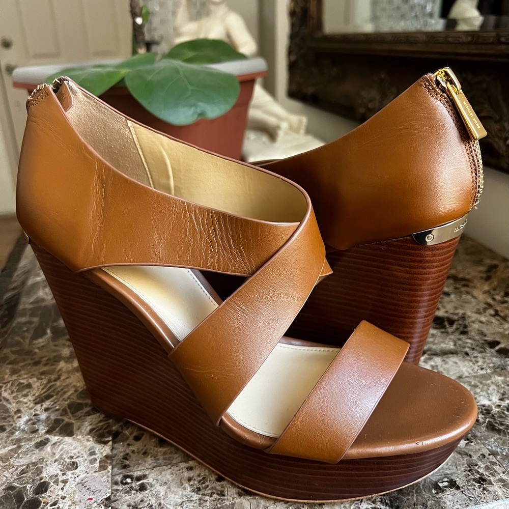 MICHAEL Michael Kors Brown Leather Wedge Sandals